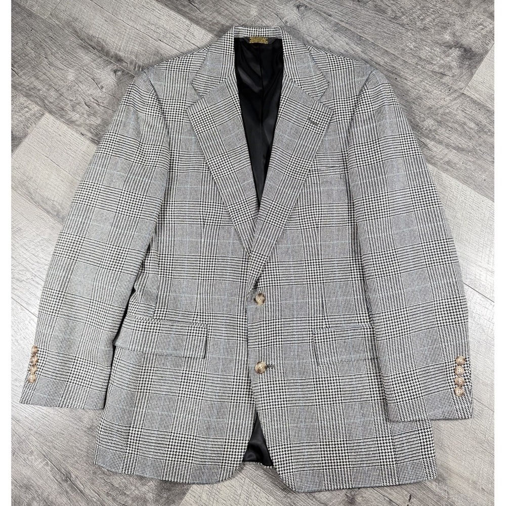VNTG 80's Bespoke Brannogh Gray Plaid 2 Button Blazer Wool USA Union Made SZ 40
